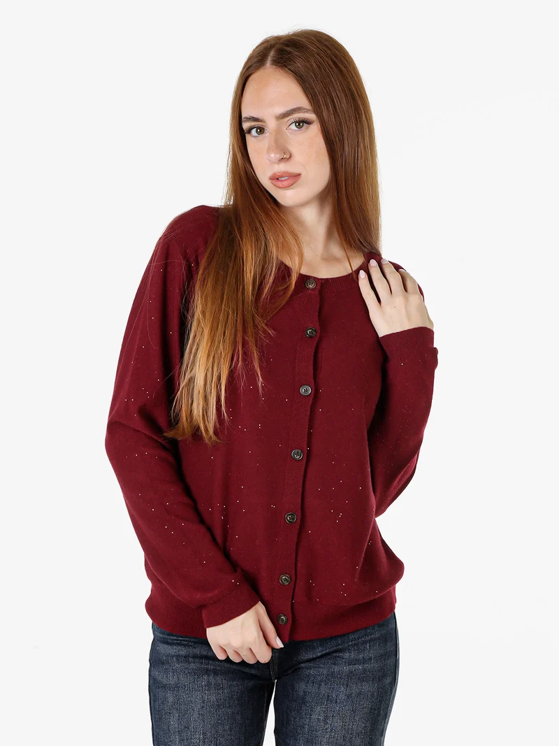 Cardigan donna in maglia con bottoni e mini paillettes - bordeaux