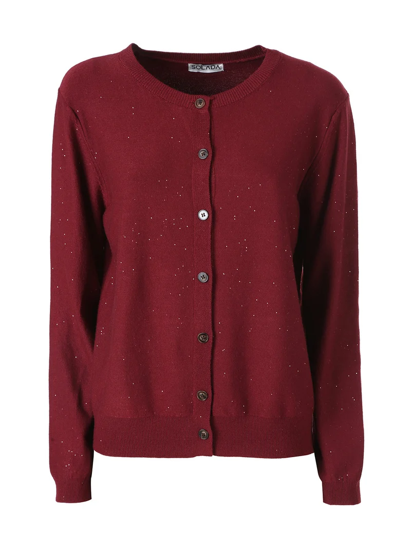Cardigan donna in maglia con bottoni e mini paillettes - bordeaux