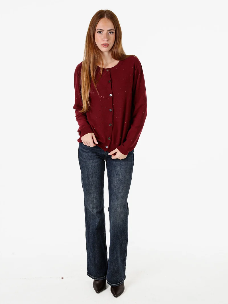 Cardigan donna in maglia con bottoni e mini paillettes - bordeaux