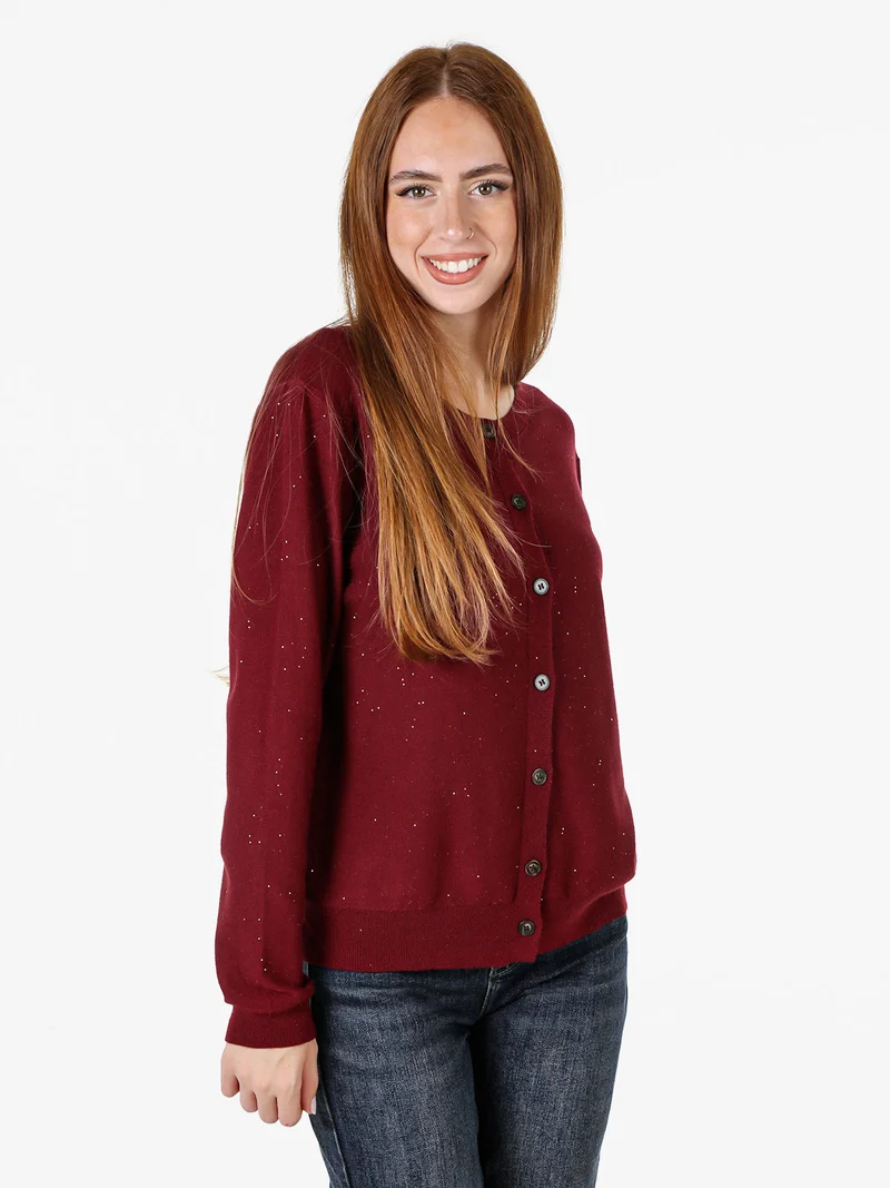 Cardigan donna in maglia con bottoni e mini paillettes - bordeaux