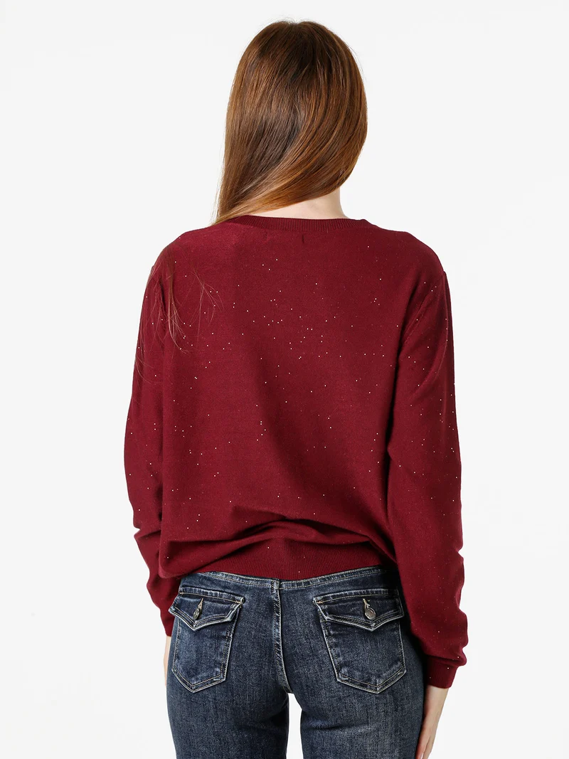 Cardigan donna in maglia con bottoni e mini paillettes - bordeaux