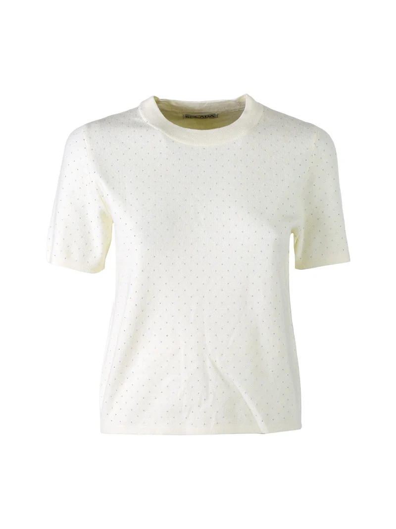 Maglia donna a maniche corte con micro borchie - panna