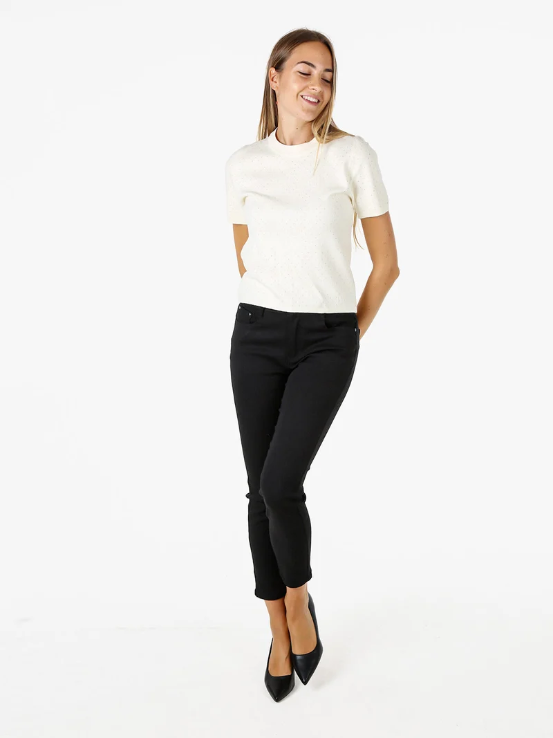 Maglia donna a maniche corte con micro borchie - panna
