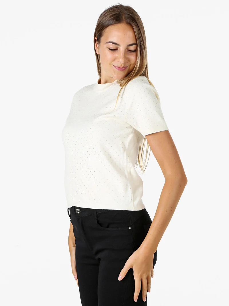 Maglia donna a maniche corte con micro borchie - panna