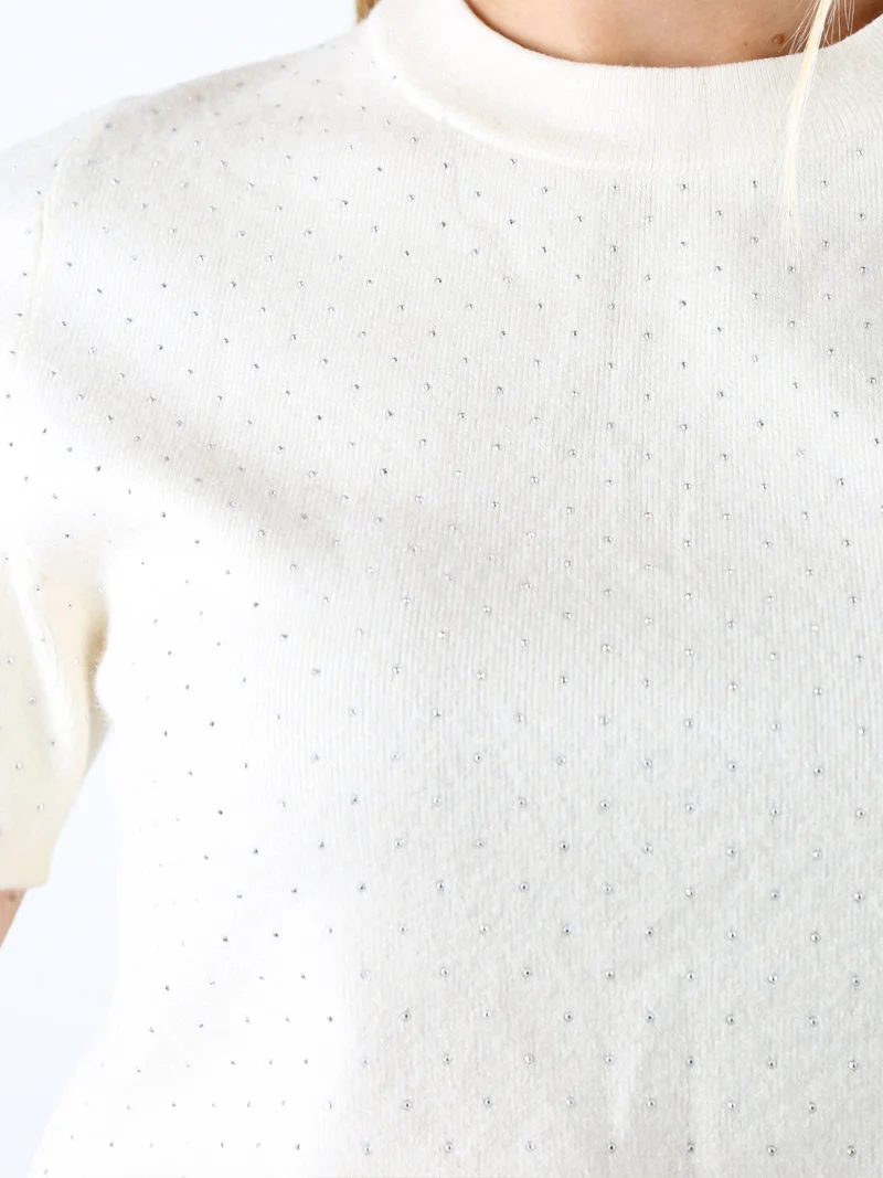 Maglia donna a maniche corte con micro borchie - panna