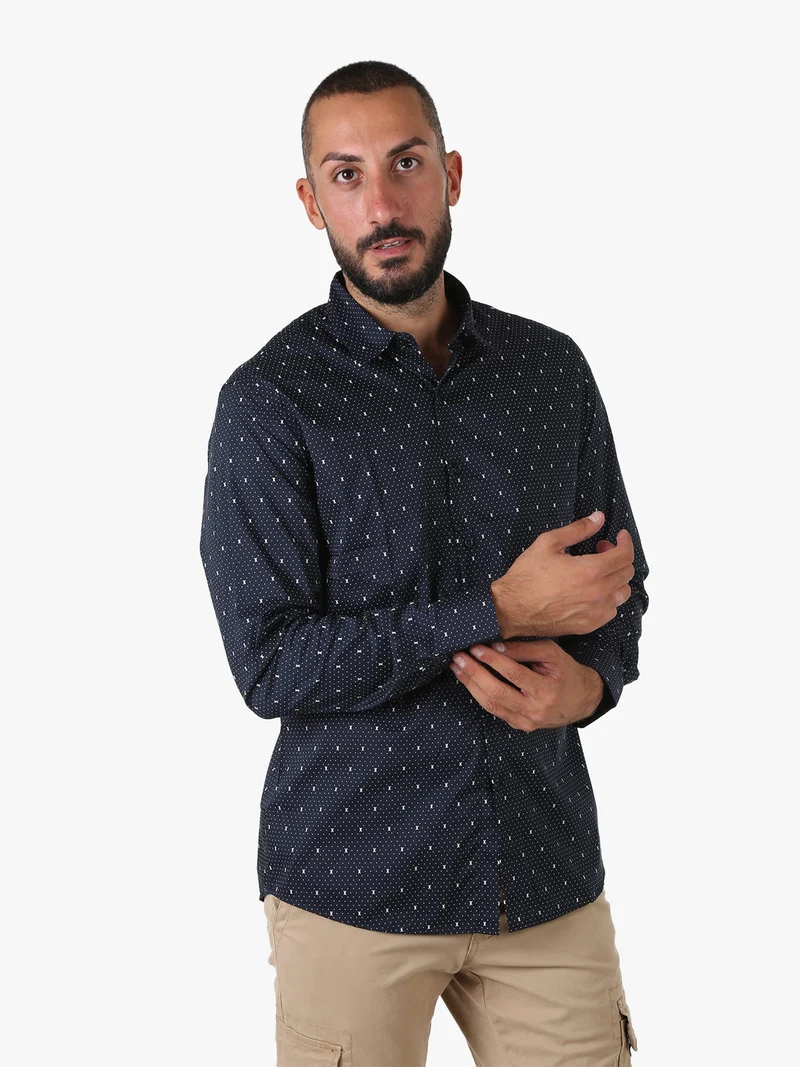 Camicia da uomo a maniche lunghe misto cotone con stampe - blu scuro