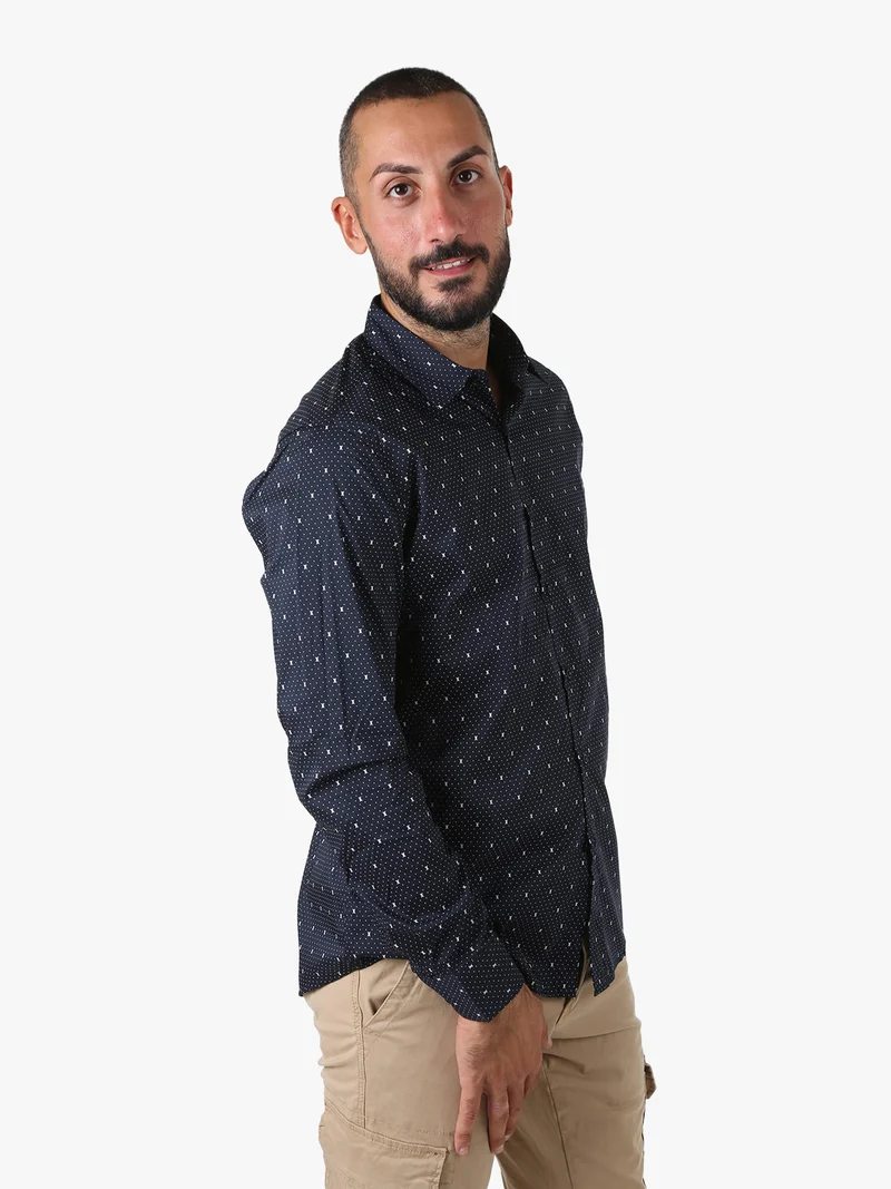 Camicia da uomo a maniche lunghe misto cotone con stampe - blu scuro