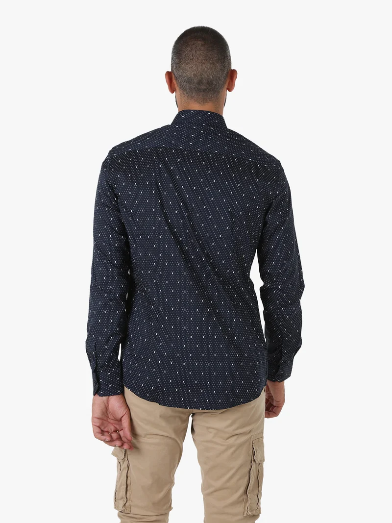 Camicia da uomo a maniche lunghe misto cotone con stampe - blu scuro