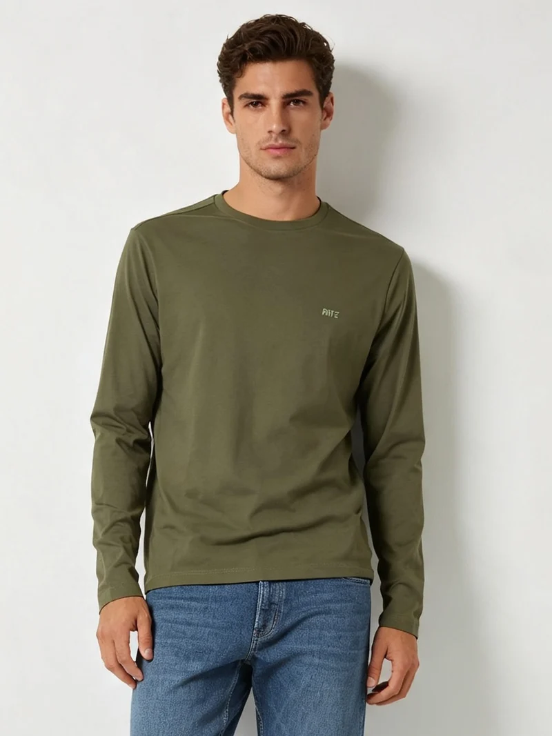 T-shirt girocollo da uomo a maniche lunghe in cotone - militare