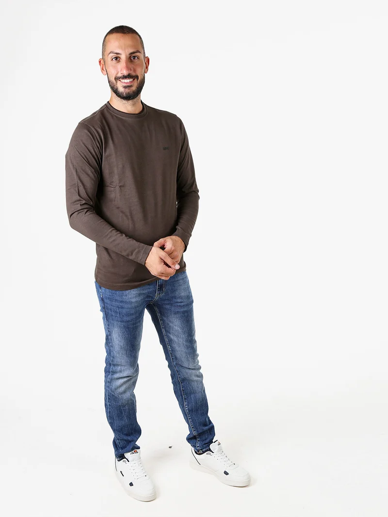 T-shirt girocollo da uomo a maniche lunghe in cotone - moro