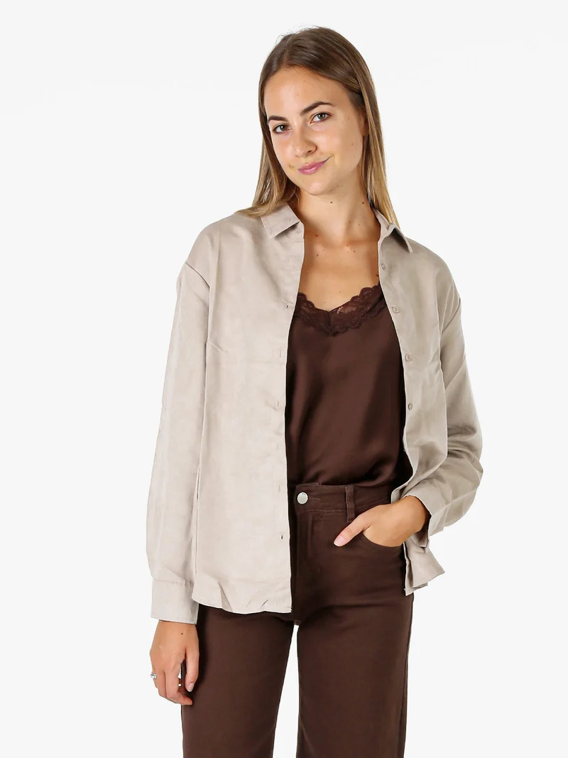Camicia donna a maniche lunghe in tessuto scamosciato - beige