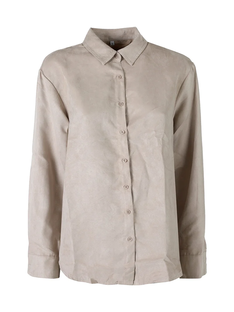 Camicia donna a maniche lunghe in tessuto scamosciato - beige