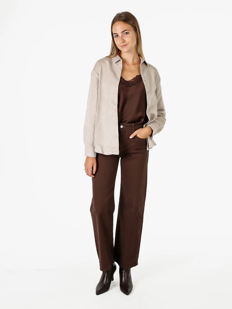 Camicia donna a maniche lunghe in tessuto scamosciato - beige