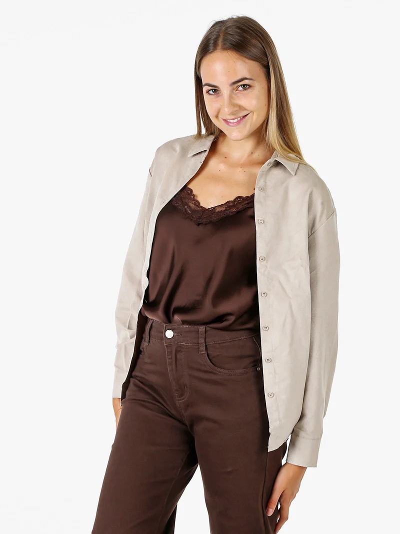 Camicia donna a maniche lunghe in tessuto scamosciato - beige