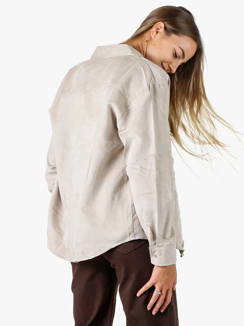 Camicia donna a maniche lunghe in tessuto scamosciato - beige