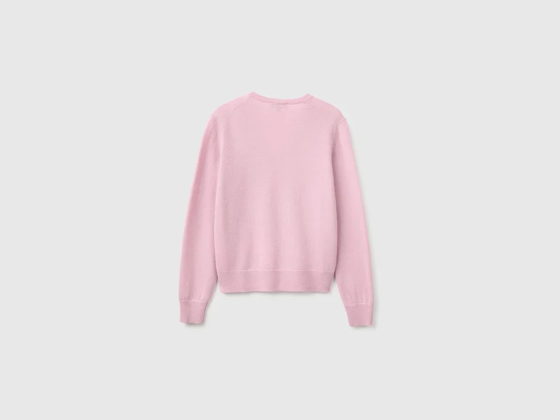Fliederfarbener V-Ausschnitt-Pullover aus reiner Merinowolle
