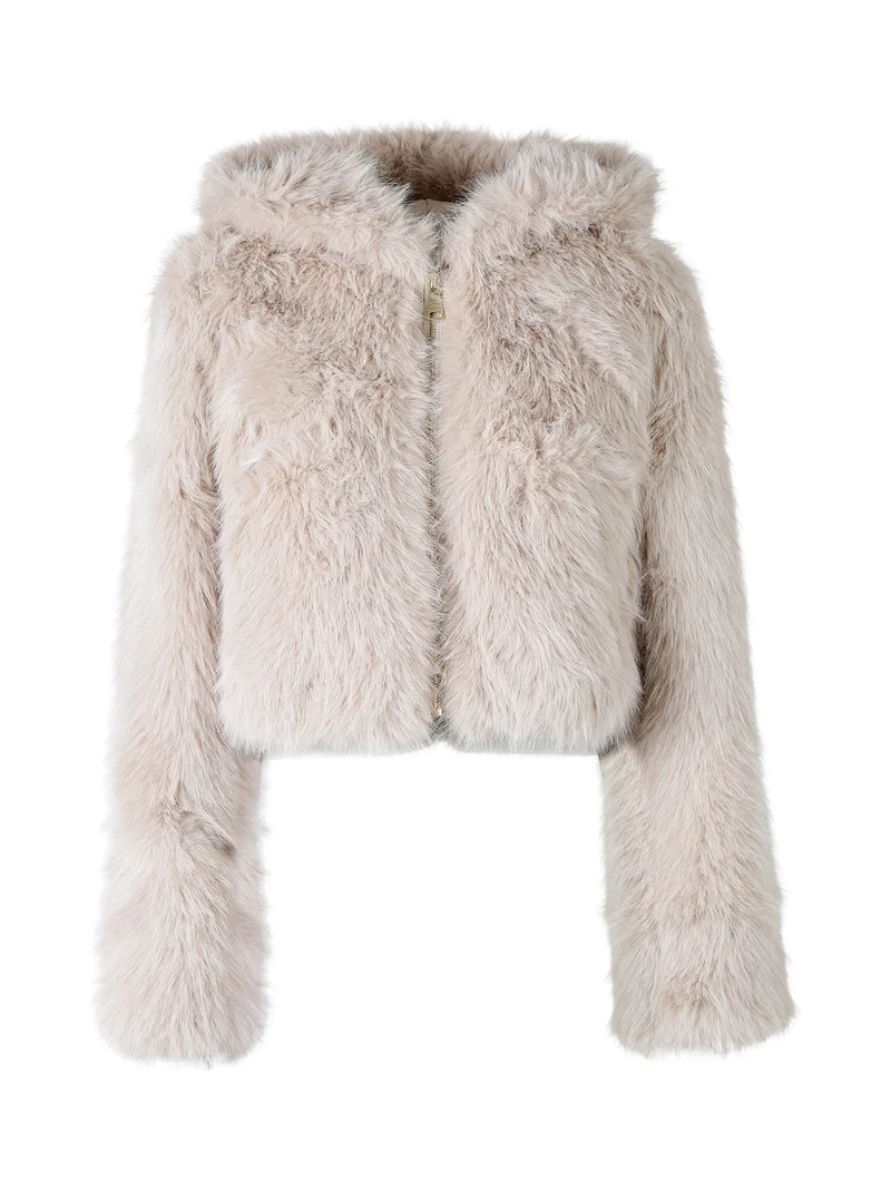 Giacca corta da donna in ecopelliccia con cappuccio e zip - beige