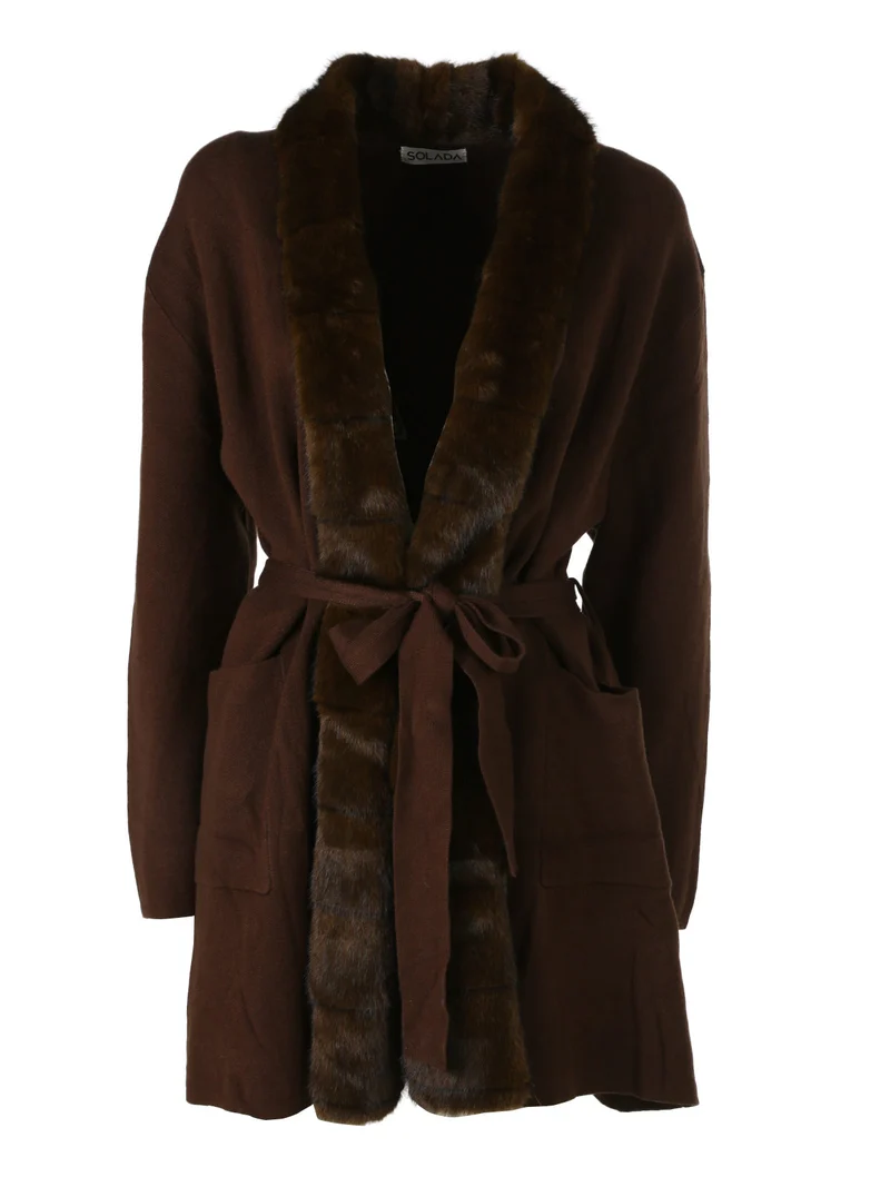 Cardigan donna in maglia con cintura e dettagli in ecopelliccia - moro