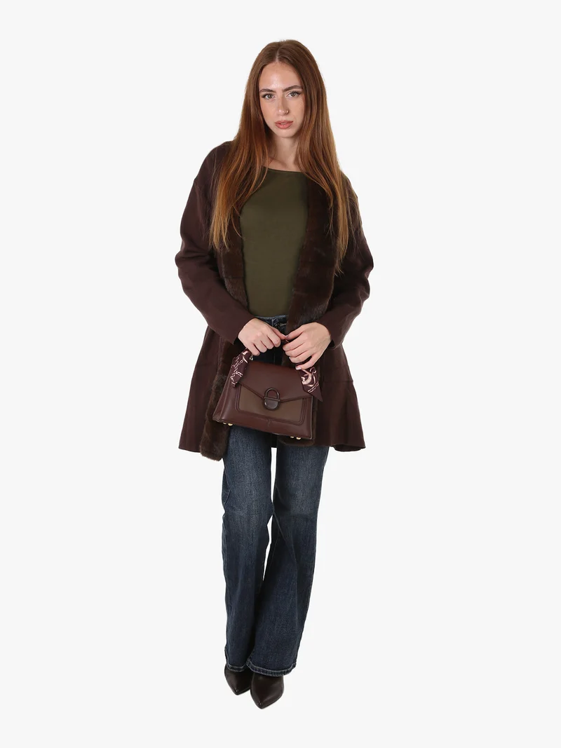 Cardigan donna in maglia con cintura e dettagli in ecopelliccia - moro