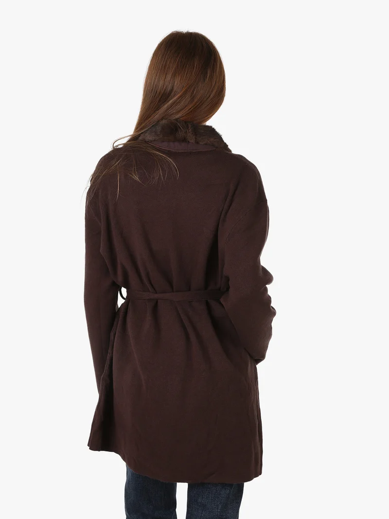 Cardigan donna in maglia con cintura e dettagli in ecopelliccia - moro
