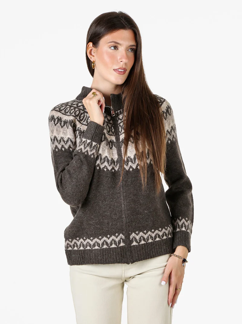 Cardigan donna in maglia con zip - moro