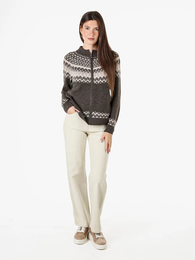 Cardigan donna in maglia con zip - moro