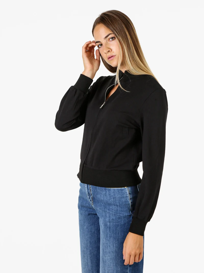 Felpa donna in cotone con zip - nero