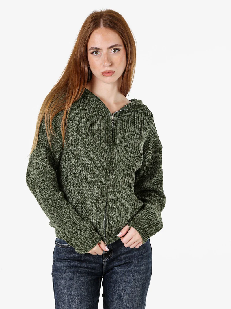 Felpa da donna in ciniglia con cappuccio e zip - verde