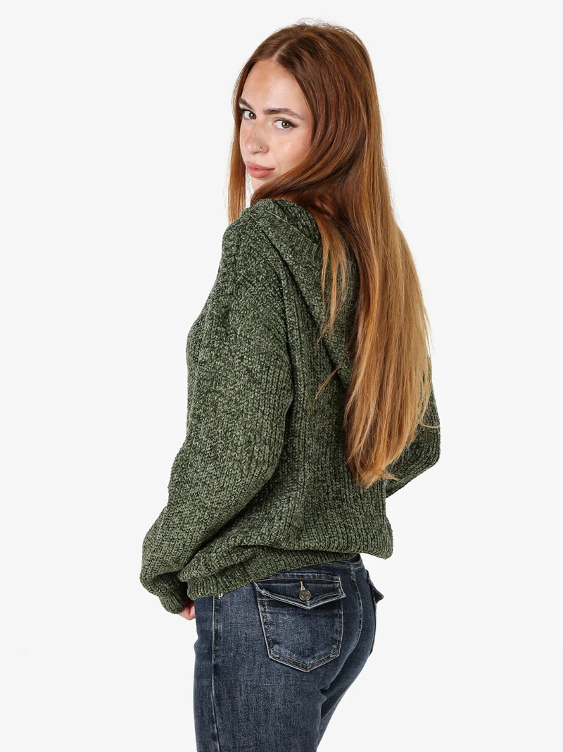 Felpa da donna in ciniglia con cappuccio e zip - verde