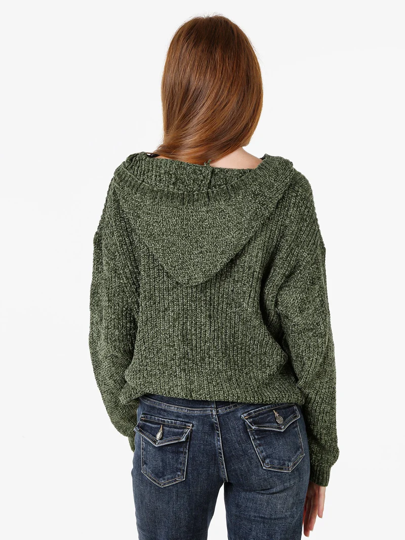 Felpa da donna in ciniglia con cappuccio e zip - verde