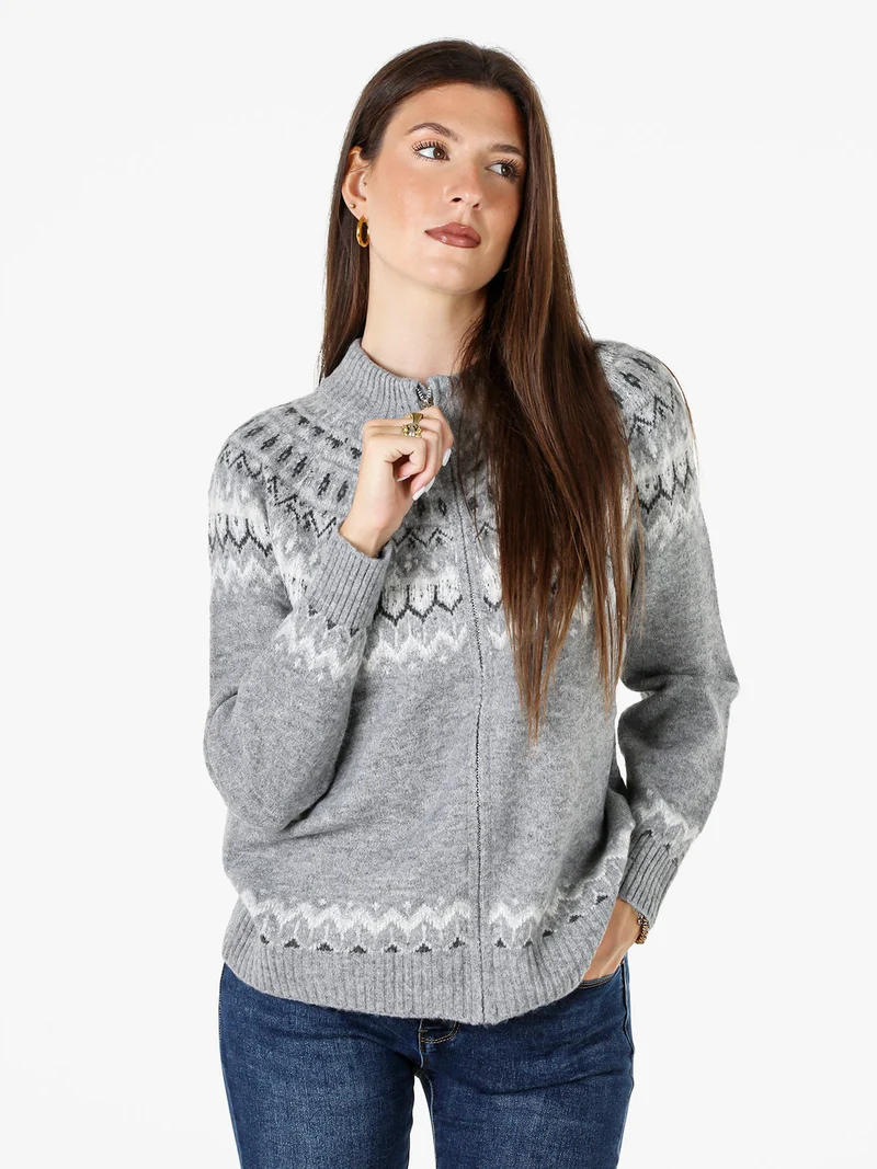 Cardigan donna in maglia con zip - grigio