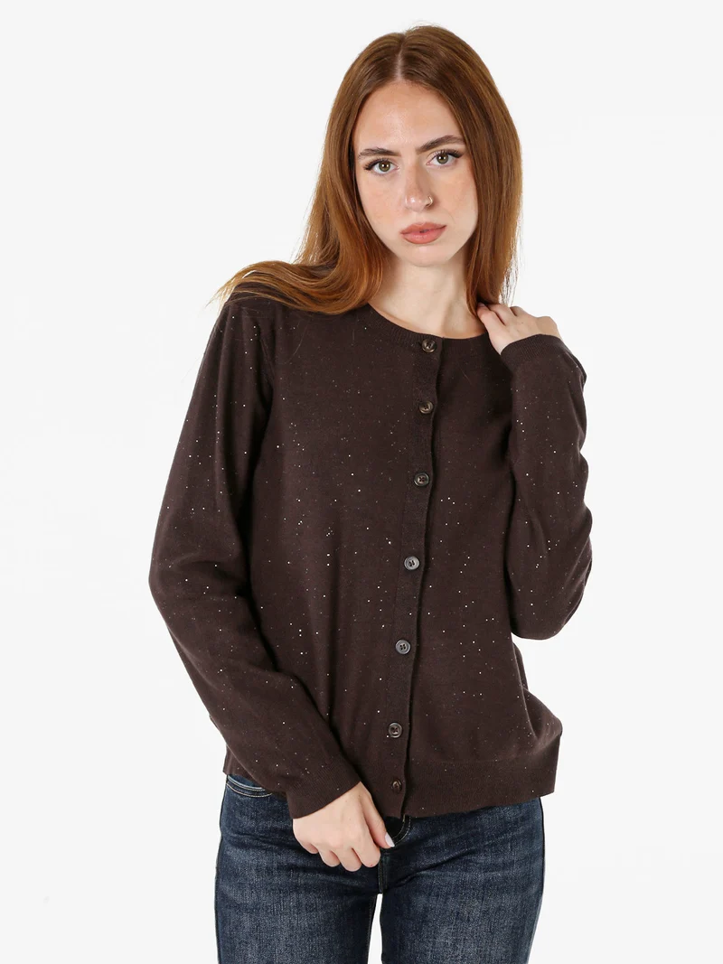 Cardigan donna in maglia con bottoni e mini paillettes - moro