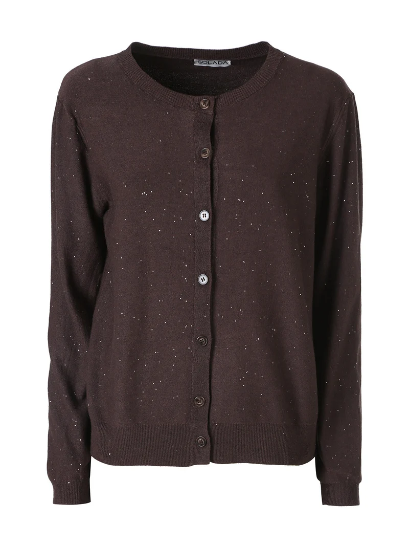 Cardigan donna in maglia con bottoni e mini paillettes - moro
