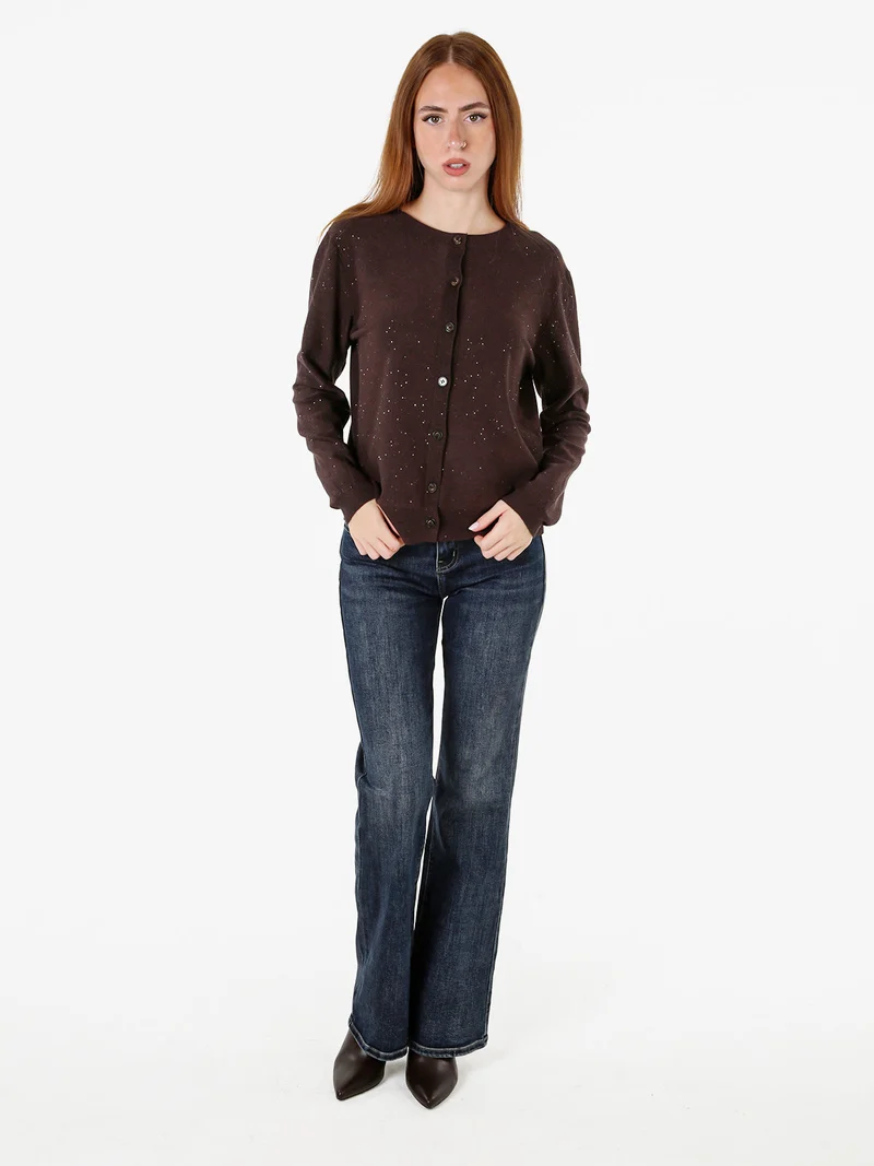 Cardigan donna in maglia con bottoni e mini paillettes - moro