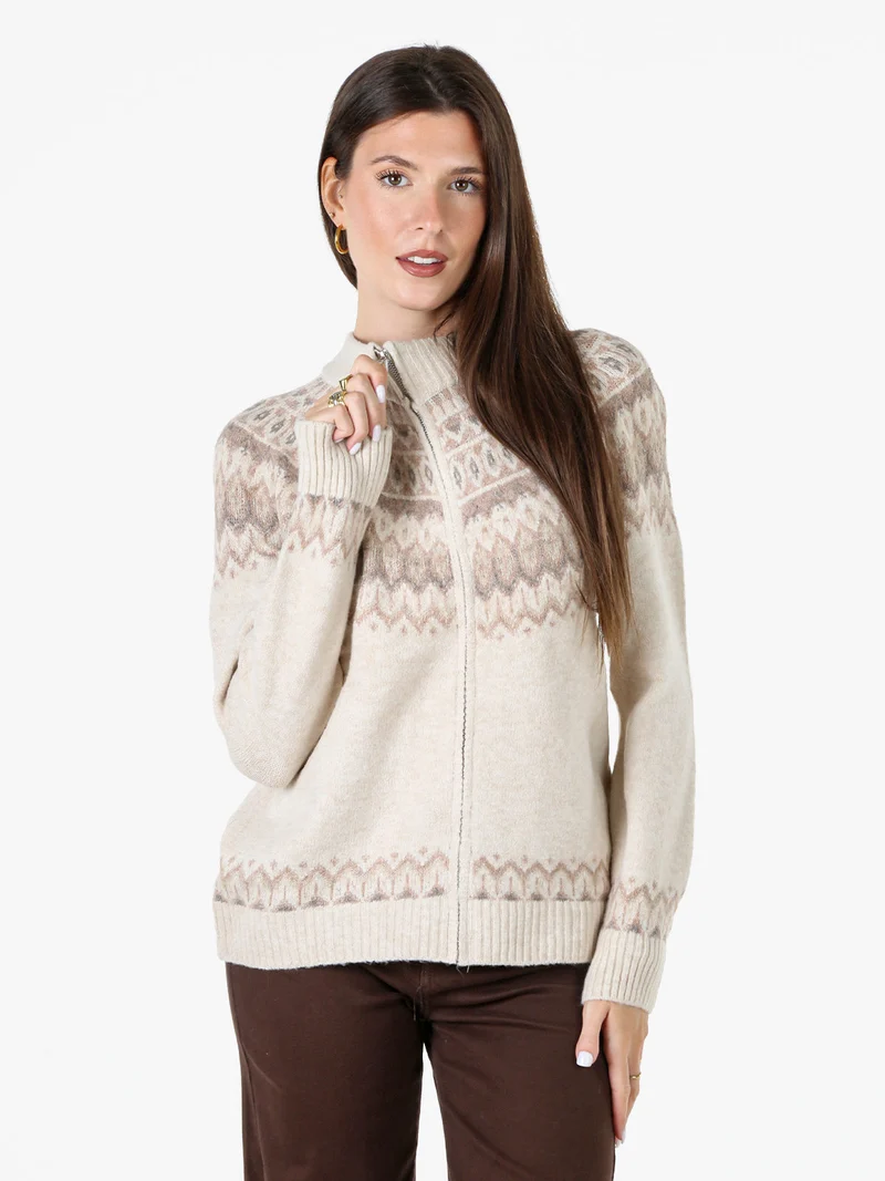 Cardigan donna in maglia con zip - beige