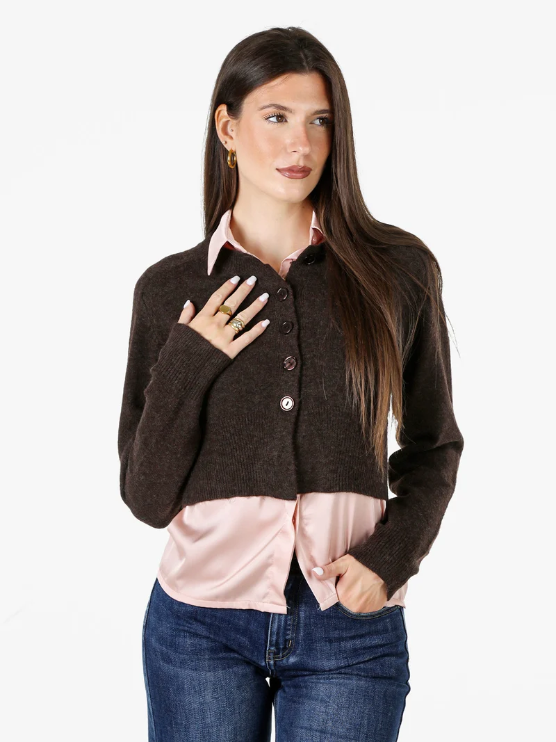 Cardigan donna in maglia con bottoni - moro