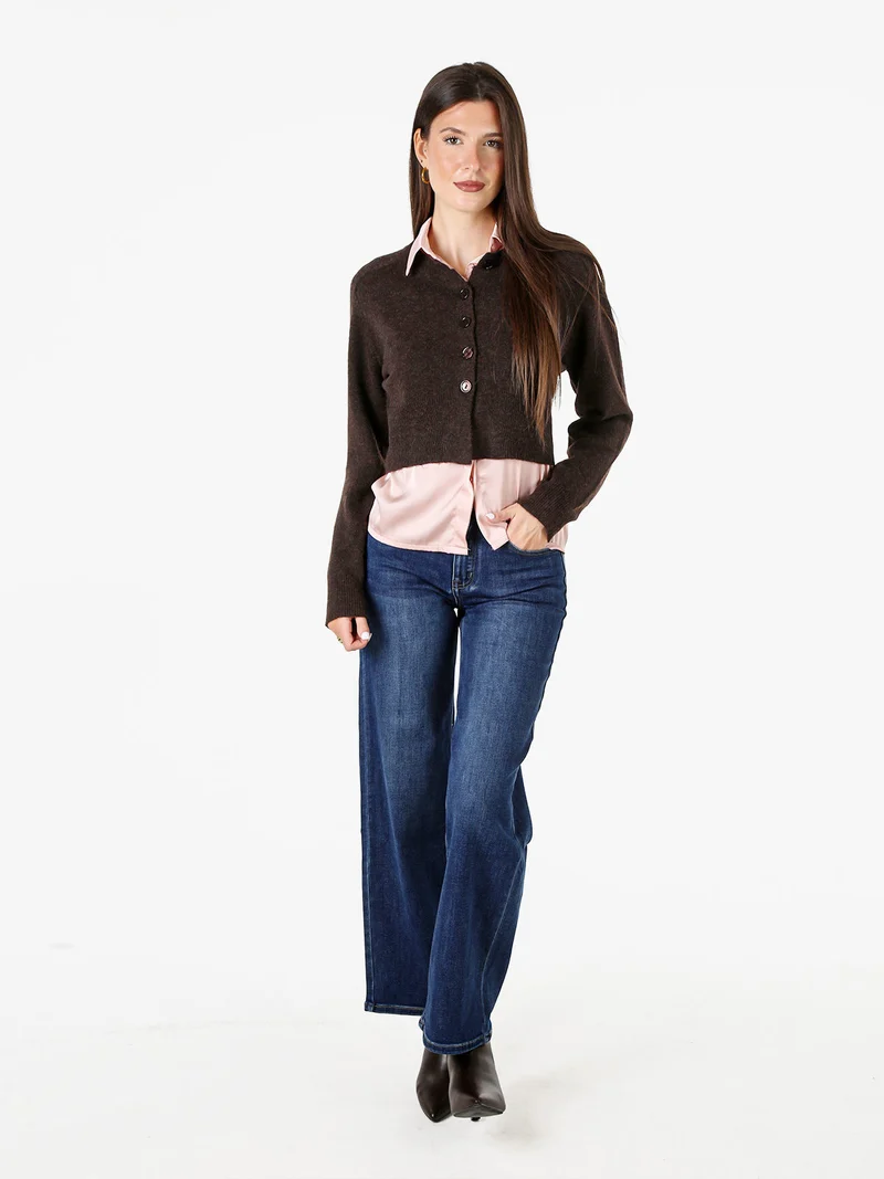 Cardigan donna in maglia con bottoni - moro