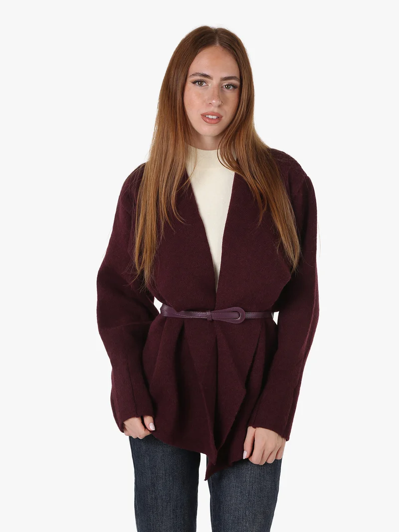 Cardigan donna in maglia con cintura in ecopelle - bordeaux