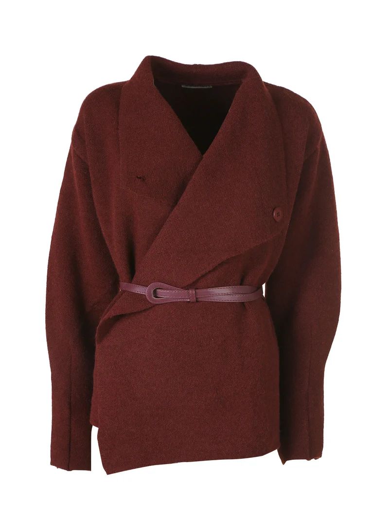 Cardigan donna in maglia con cintura in ecopelle - bordeaux