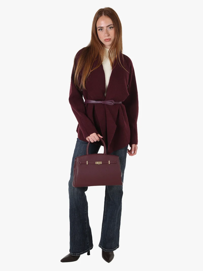 Cardigan donna in maglia con cintura in ecopelle - bordeaux