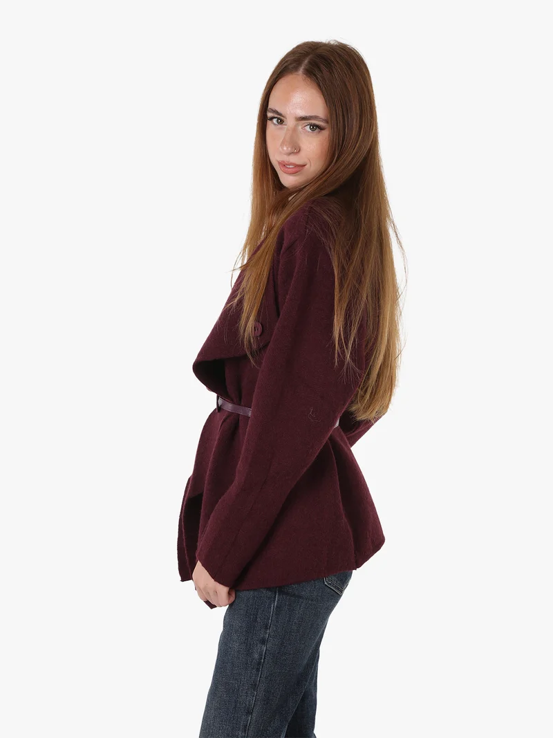 Cardigan donna in maglia con cintura in ecopelle - bordeaux