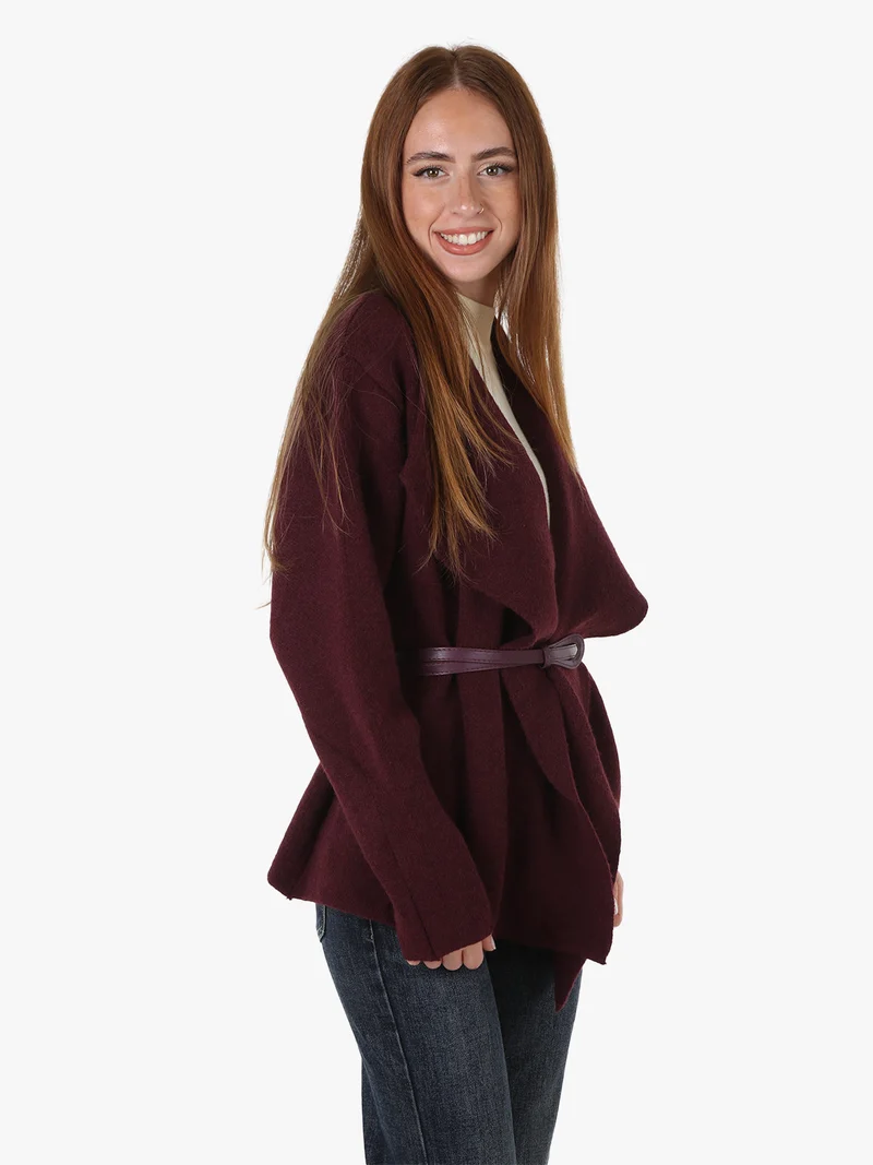 Cardigan donna in maglia con cintura in ecopelle - bordeaux