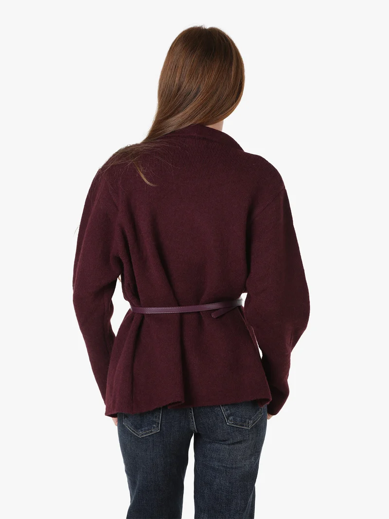 Cardigan donna in maglia con cintura in ecopelle - bordeaux