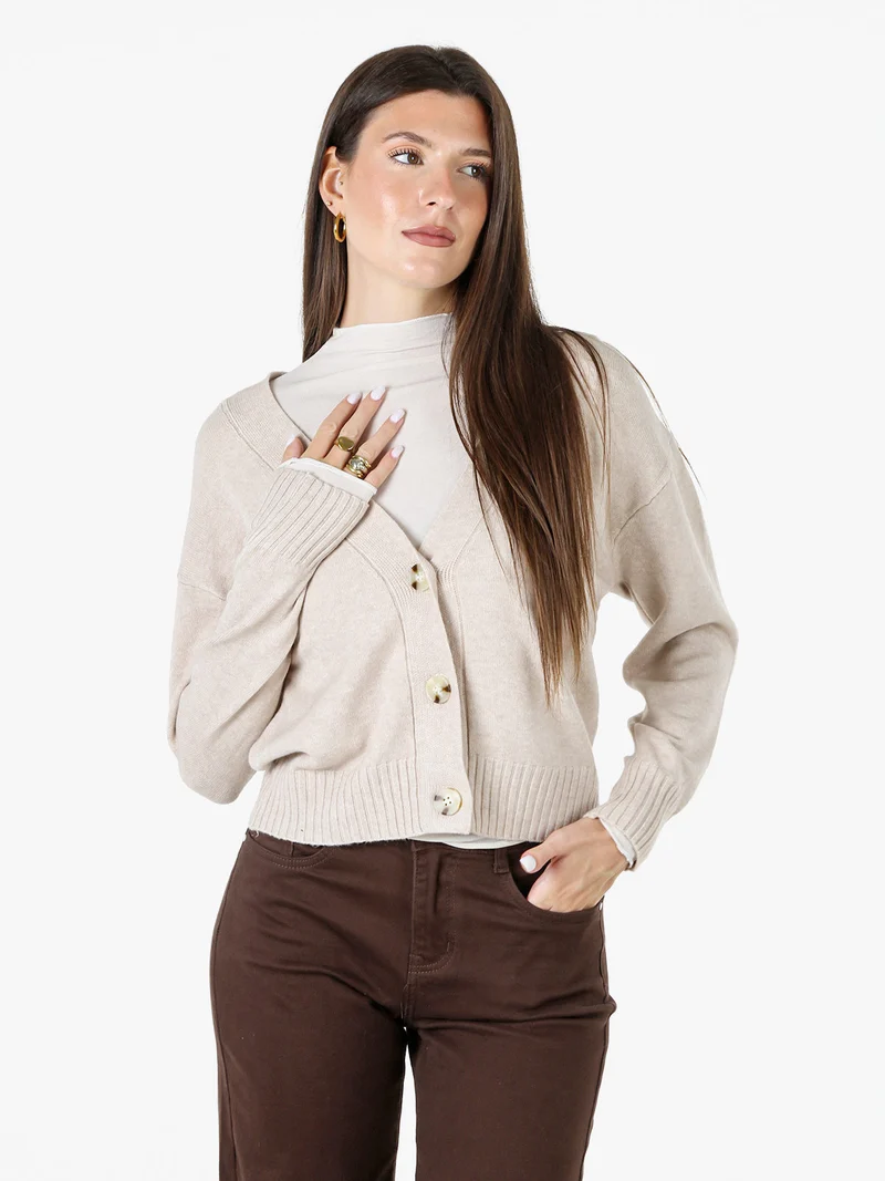 Cardigan donna con bottoni e scollo a V - beige