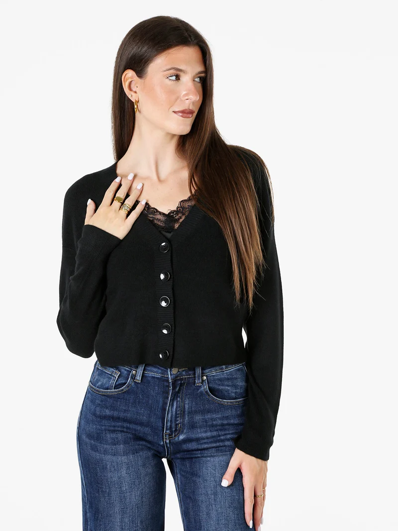 Cardigan donna con bottoni e scollo a V - nero