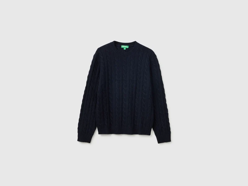 Rundhals-Pullover mit Zopfmuster aus Wolle-Mischgewebe