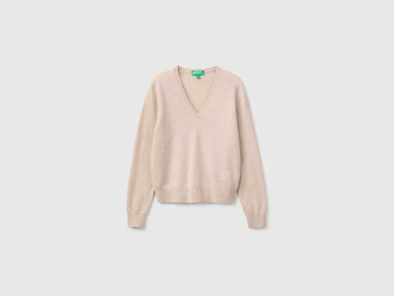 Beigefarbener V-Ausschnitt-Pullover aus reiner Merinowolle