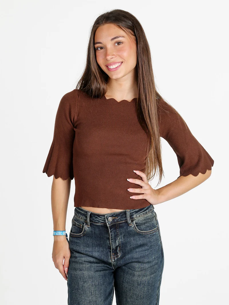 Maglia donna a costine con maniche a campana - moro