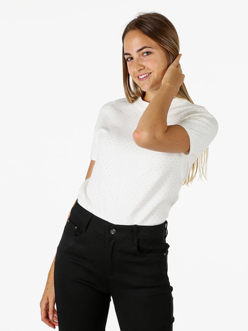 Maglia donna a maniche corte con micro borchie - bianco