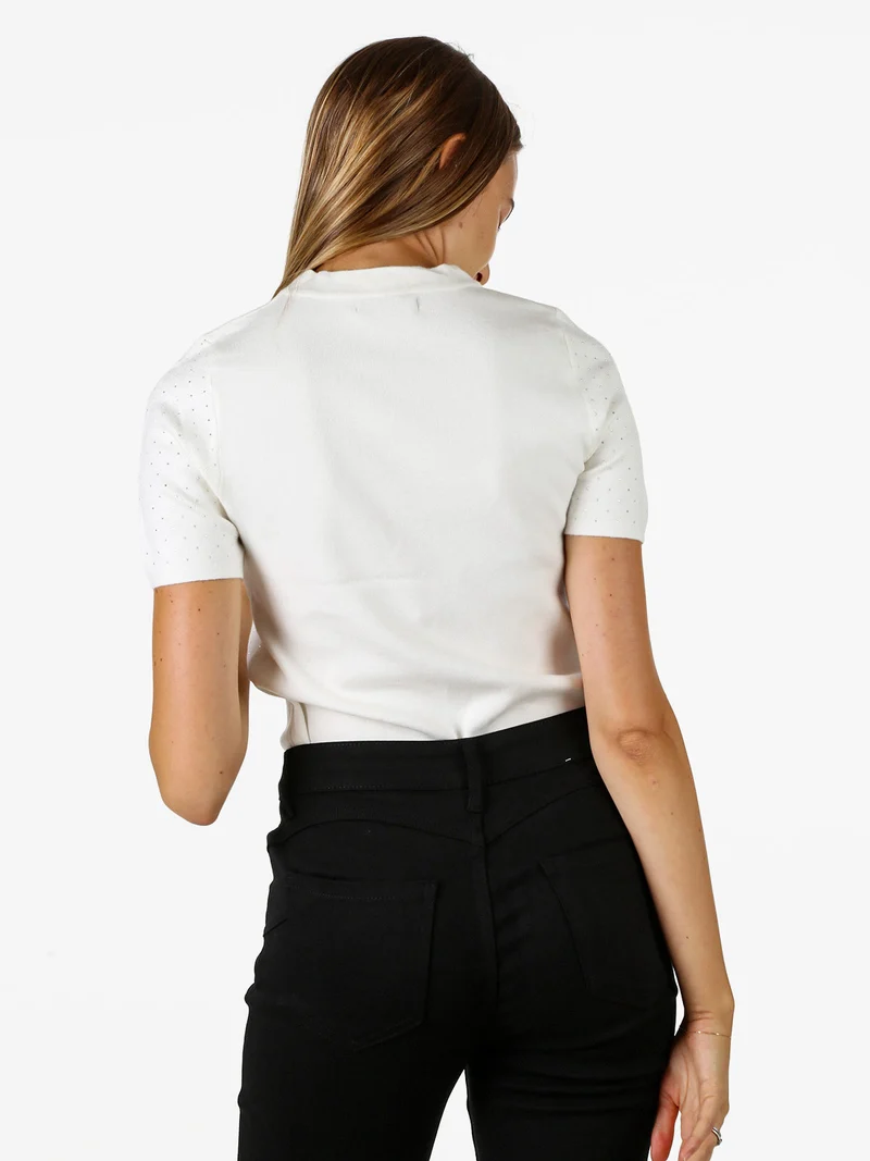 Maglia donna a maniche corte con micro borchie - bianco